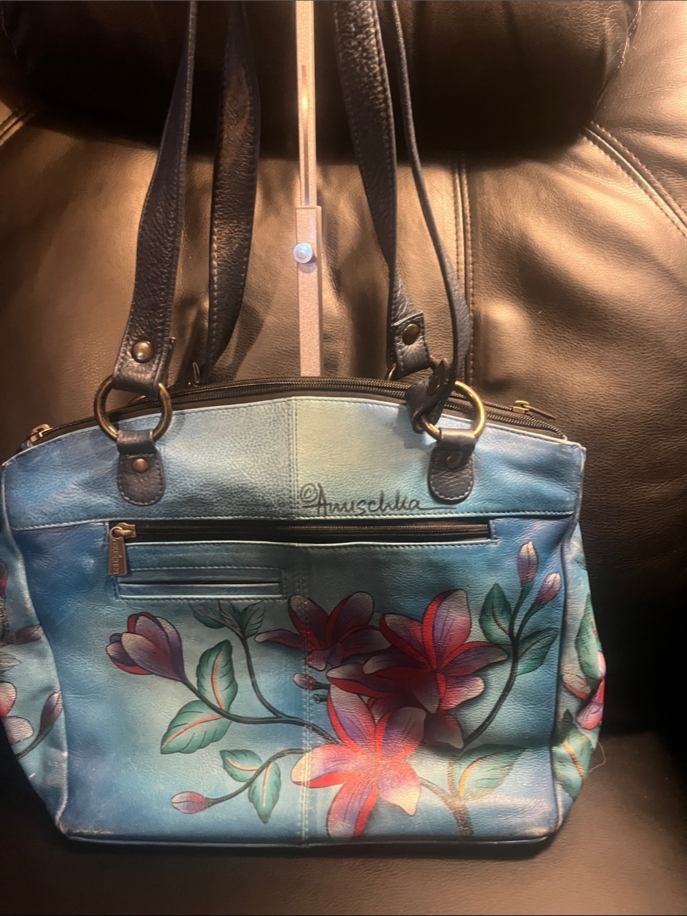 Anuschka Blue Floral Hand-Painted Leather Shoulder Bag